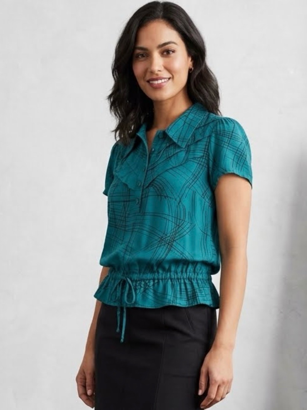 Vintage Teal Short-Sleeve Drawstring Hem Blouse